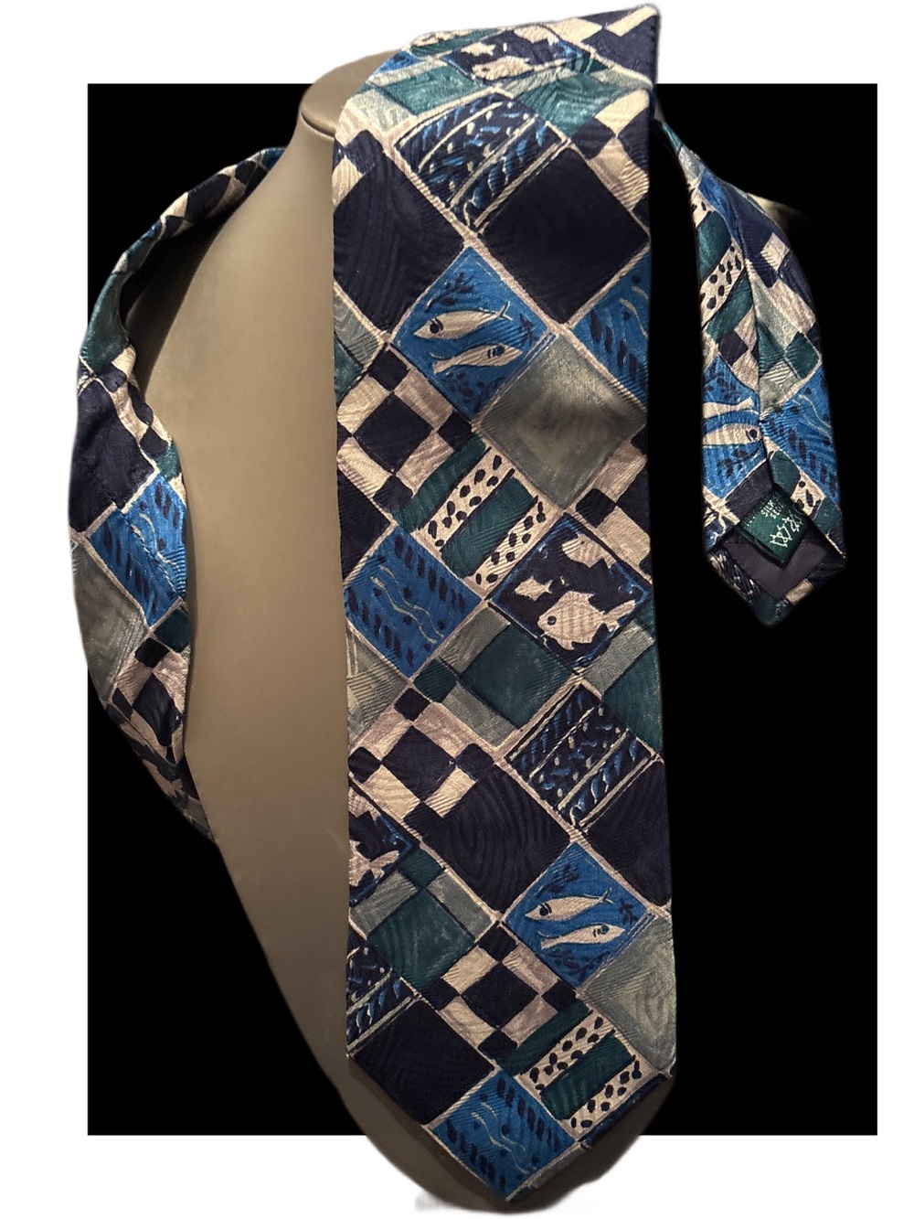 Vintage Harry Rosen Patterned Blue Fish Motif Silk Tie